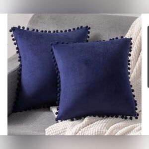 Navy Blue Velvet Pom-Pom Throw Pillow Covers 16 X 16